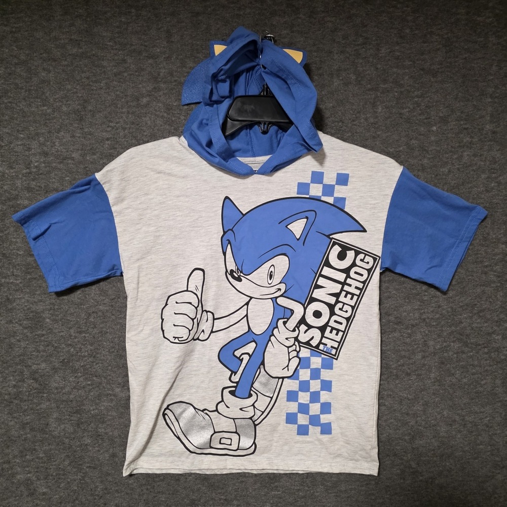 Sonic Kids Boys T Shirt Size 10 Gray‎ Graphic Hooded Short Sleeve Pullover